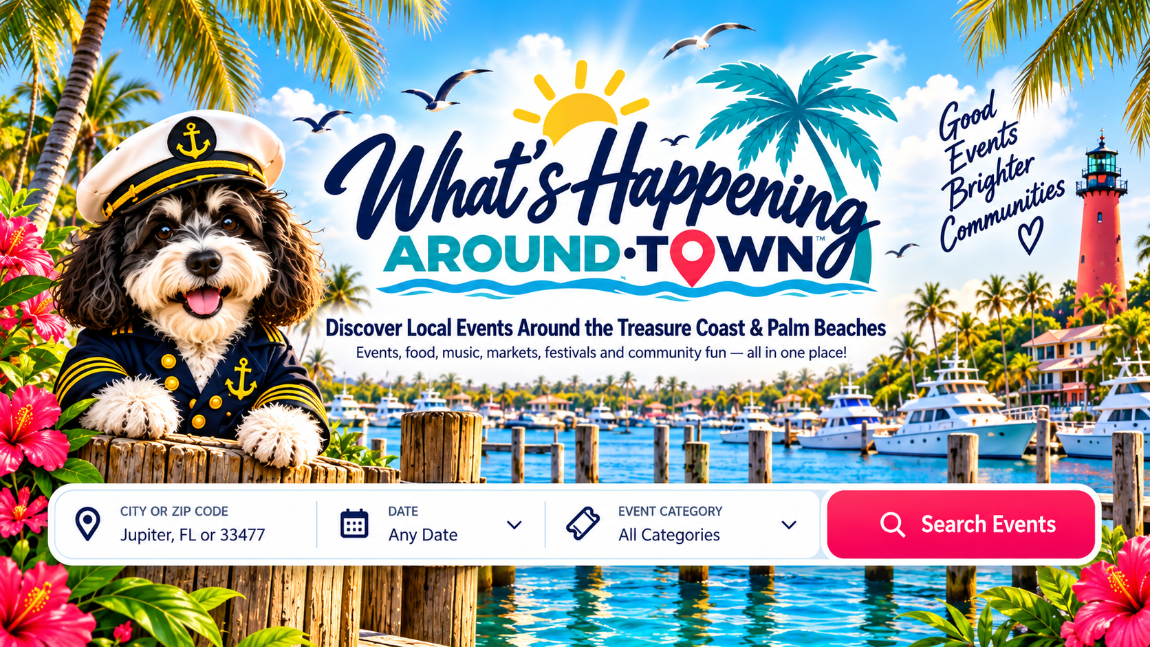 Captain Leonard welcomes visitors to What's Happening Around Town with a colorful tropical marina and event search design preview