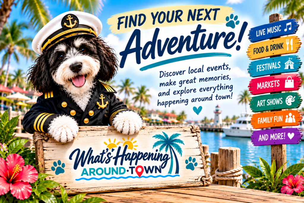 Captain Leonard in a captain's uniform beside Find Your Next Adventure lettering and colorful signs for local event categories