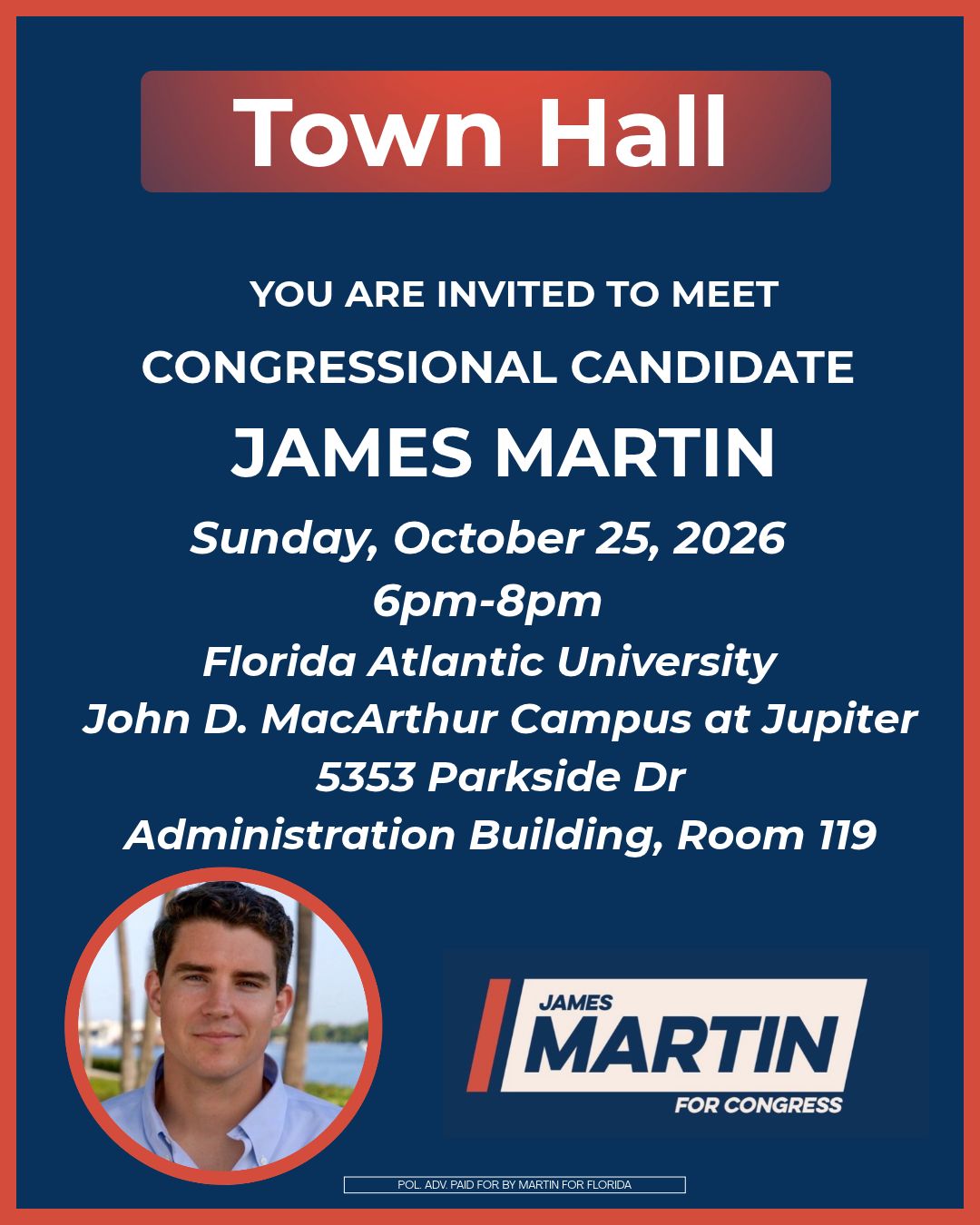 James Martin town hall, October 25, 2026, 6–8 PM at FAU Jupiter, 5353 Parkside Drive, Administration Building, Room 119.