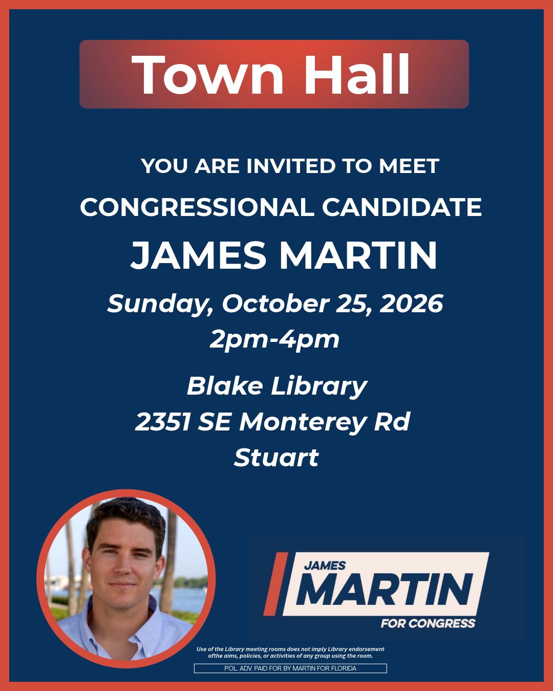 James Martin town hall, October 25, 2026, 2–4 PM at Blake Library, 2351 SE Monterey Road, Stuart.