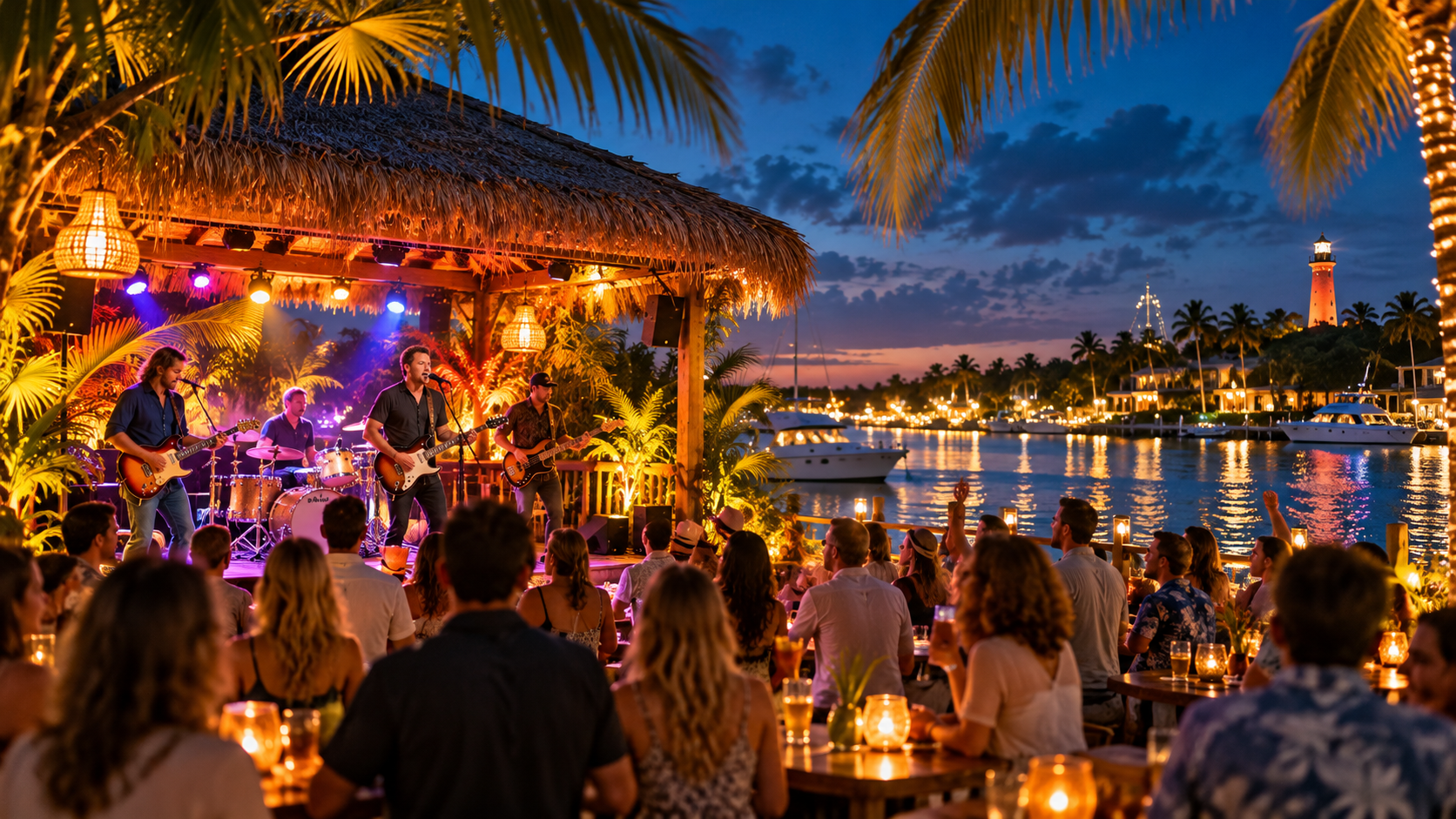 Illustration of live music at a tropical waterfront venue near Jupiter Florida