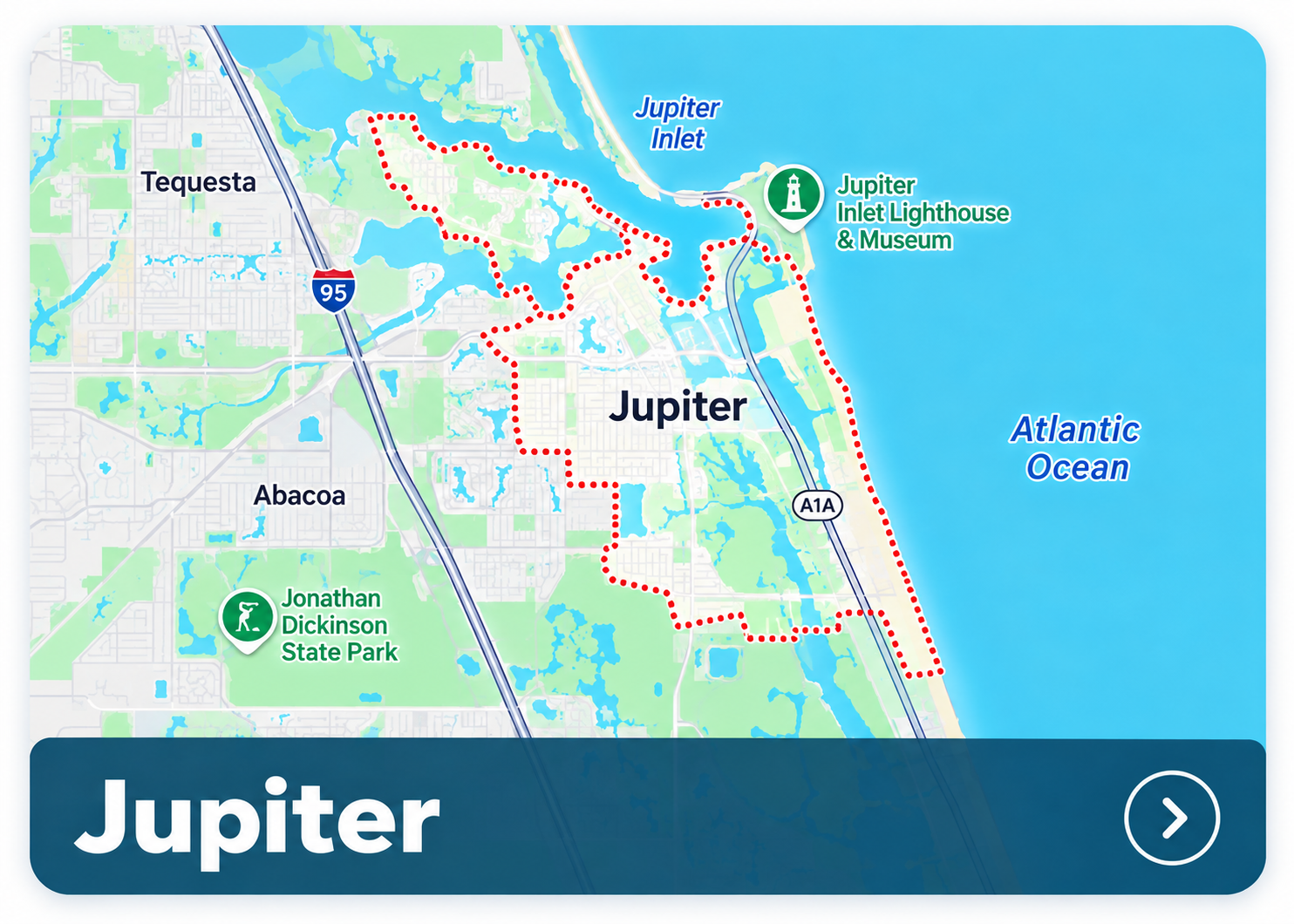 Illustrated area map for Jupiter, Florida