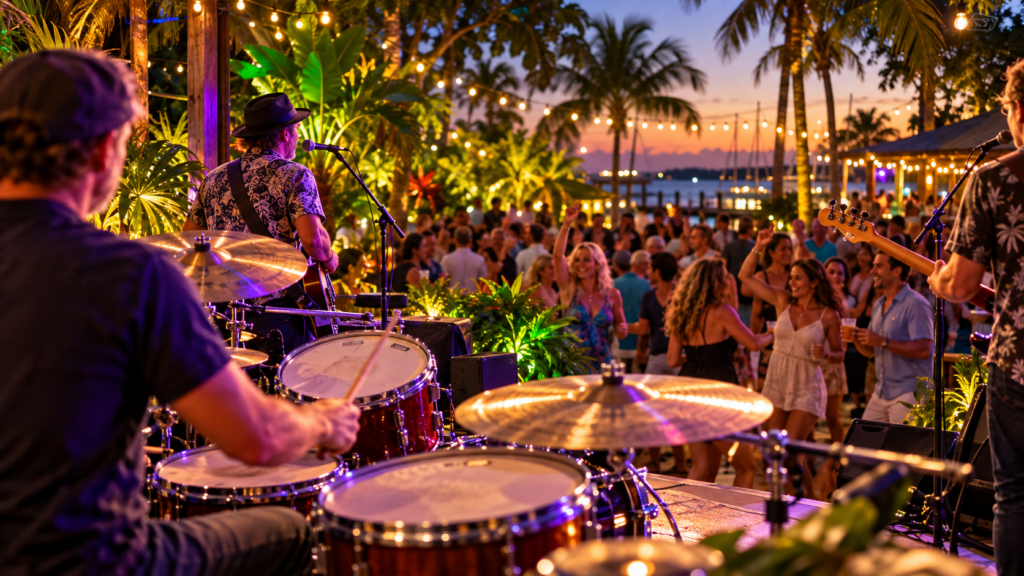 Illustration of a drummer overlooking a lively outdoor tropical music crowd in Stuart Florida