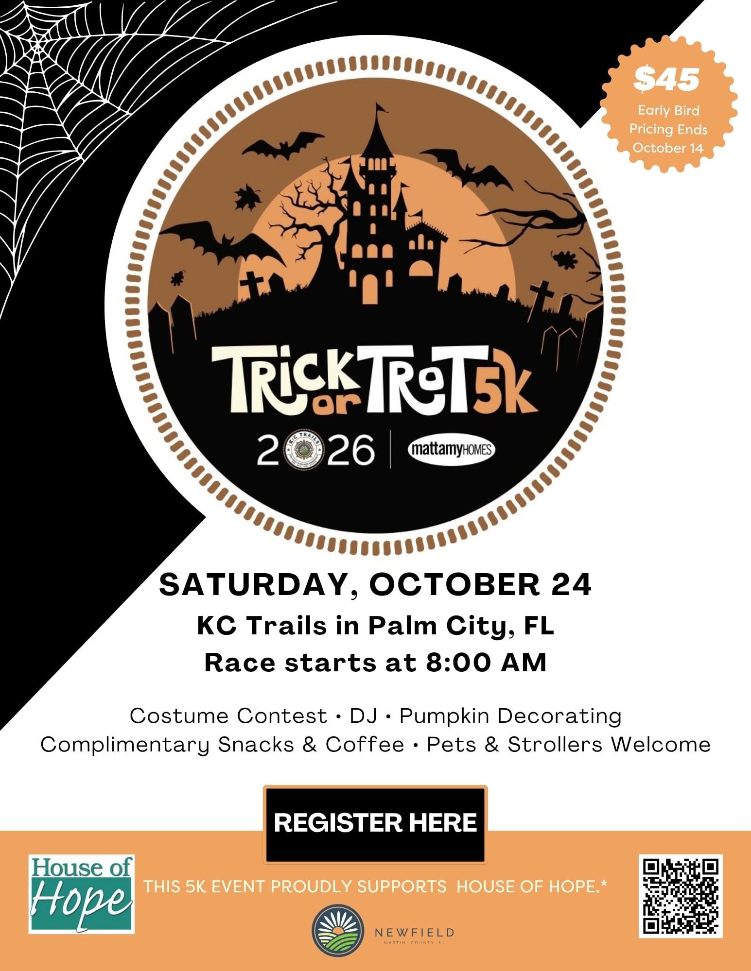 Trick-or-Trot 5K Trail Run at Newfield event flyer for October 24, 2026